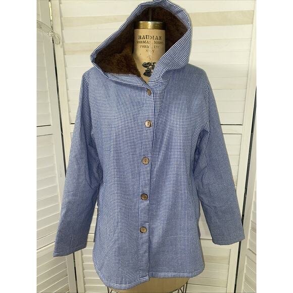 Misslook Hooded Jacket Blue White Gingham Check w/ Faux Fur Lining - Size Large - Picture 1 of 11